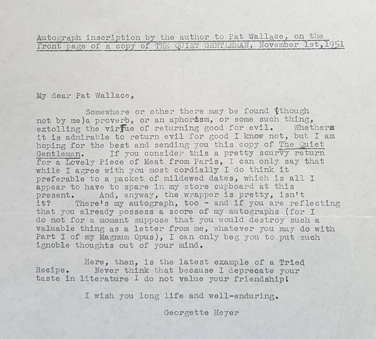 the quiet gentleman handwritten dedication from gh to pat wallace